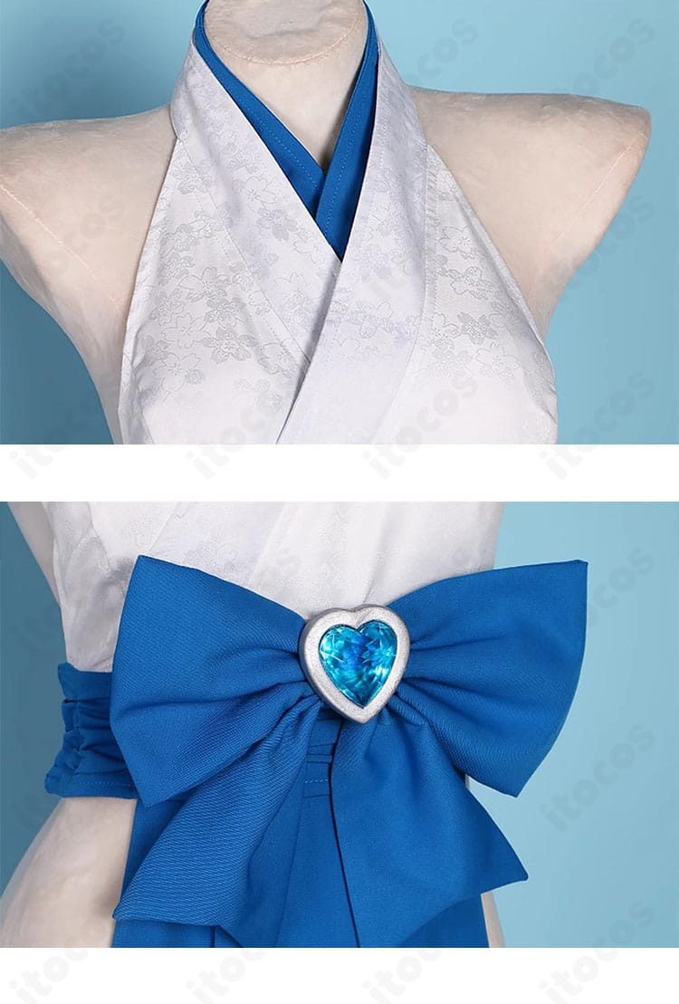 巫女服の衣領と腰飾りの蝶結びディテール。清楚な白にアクセントカラーが映える構成