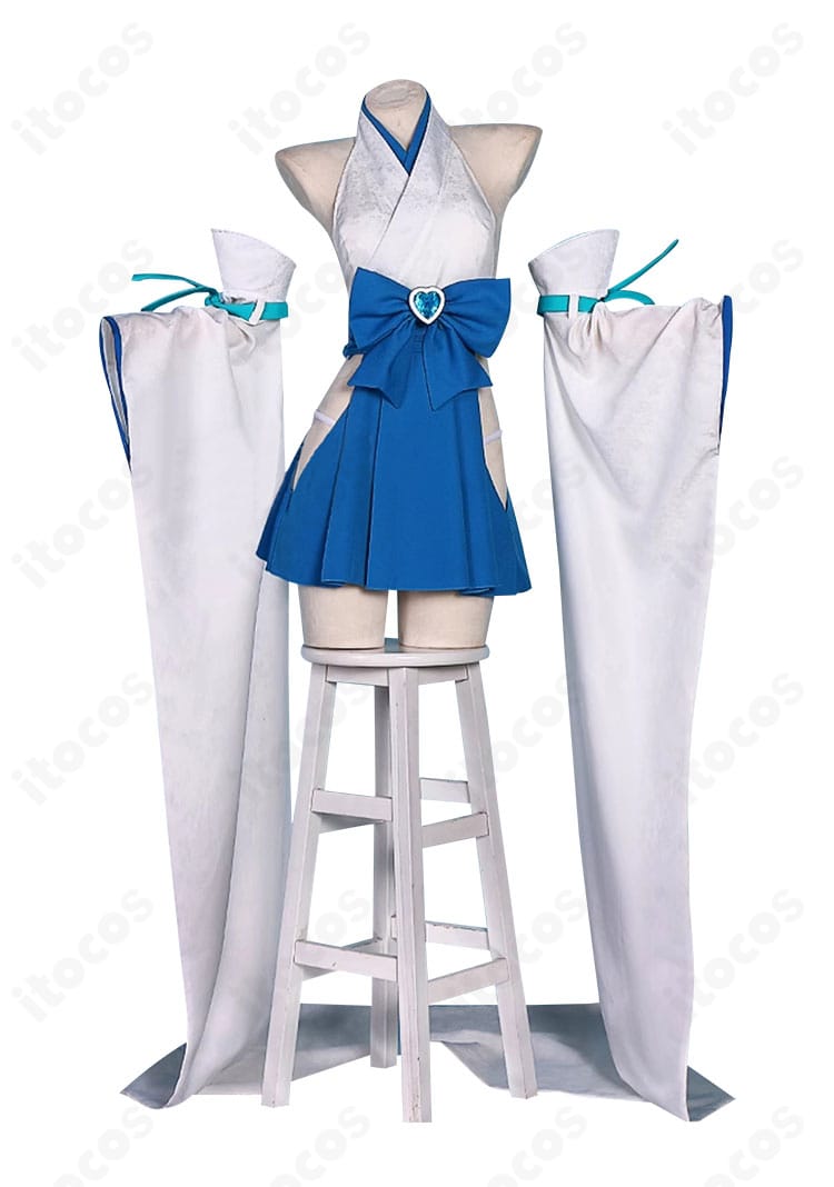 巫女服コスプレ衣装の正面デザイン。白基調とアクセント配色、腰の蝶結びが映える高再現シルエット