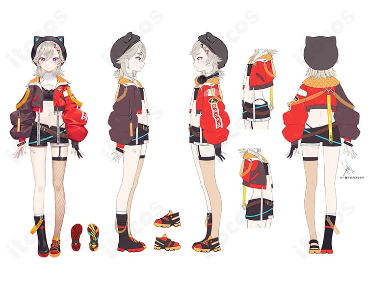 ぶいすぽっ! 小森めと コスプレ衣装の全身画像。帽子とヘッドホン付きセットで高再現、オーダーメイド対応の透湿性設計を着用したイメージ。