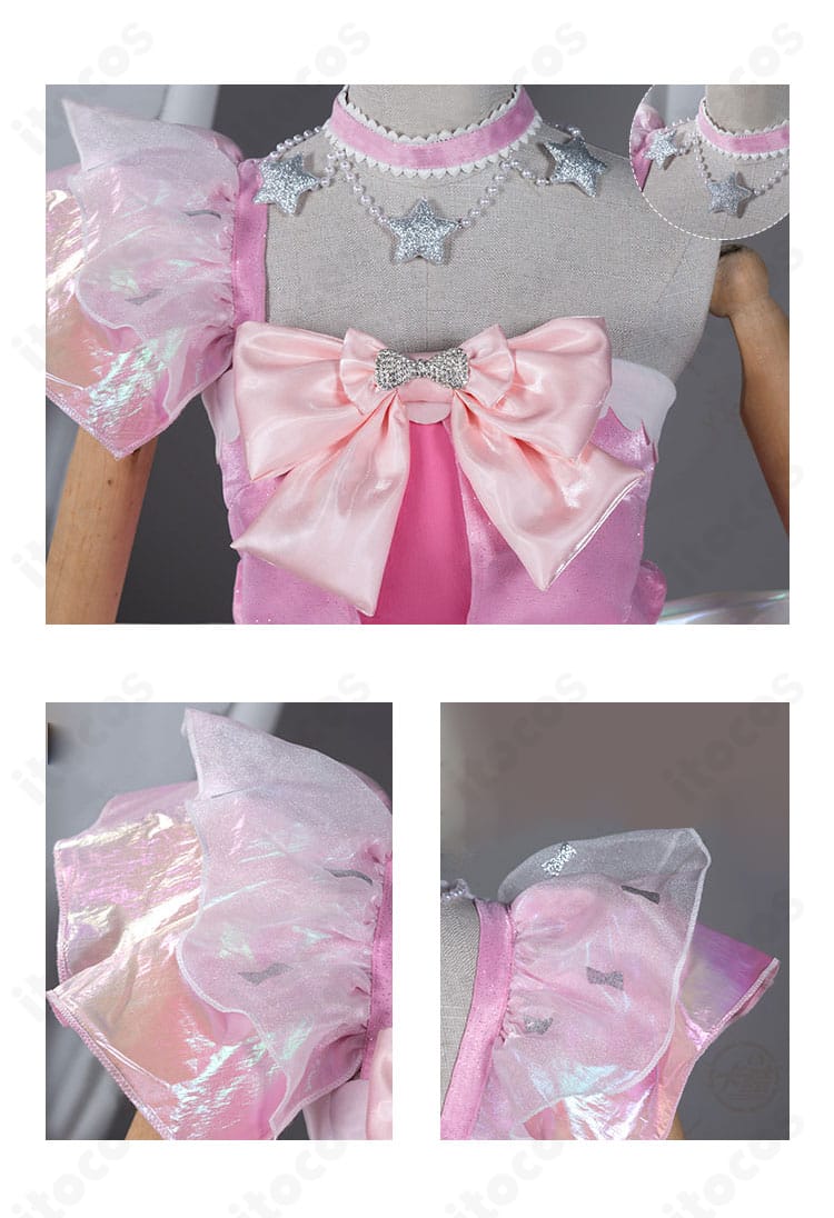 胸元と肩周りの装飾ディテール。ビジュー風パーツとリボン配置を強調した近接写真。