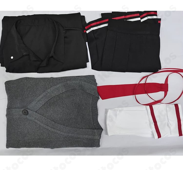 旗見エリカ コスプレ衣装のセット内容。シャツ・スカート・ネクタイ・カーディガン・靴下の一式。