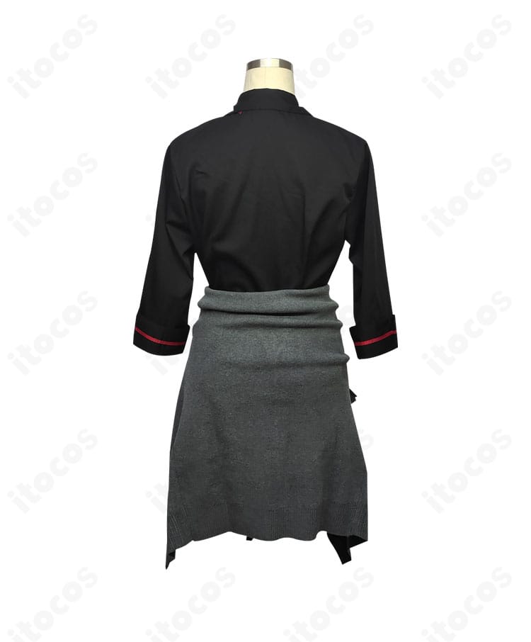 旗見エリカ コスプレ衣装の背面。カーディガンとスカートの落ち感、後ろ姿のシルエット。