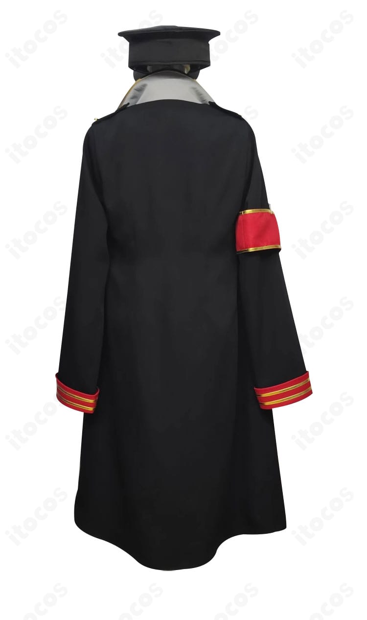 元宮チアキ コスプレ衣装の背面。コートの丈感とバックシルエット、学園制服らしい落ち着いた後ろ姿。