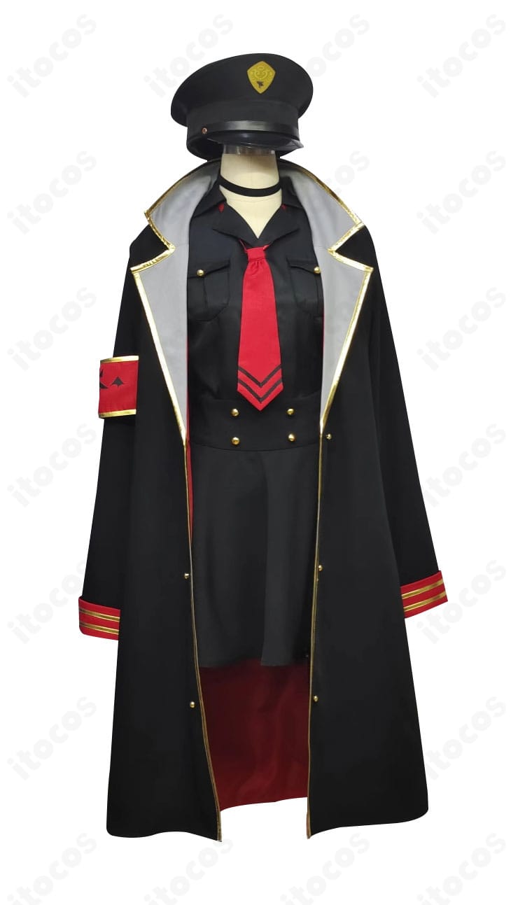 元宮チアキ 学園制服コスプレの正面全身。ゲヘナ学園らしい配色とネクタイ、帽子・腕章まで揃った正面ビュー。