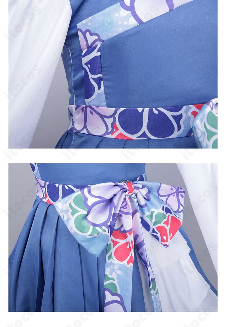 ウエストの腰封風パーツと背面の蝶結び装飾。華やかなポイントを強調