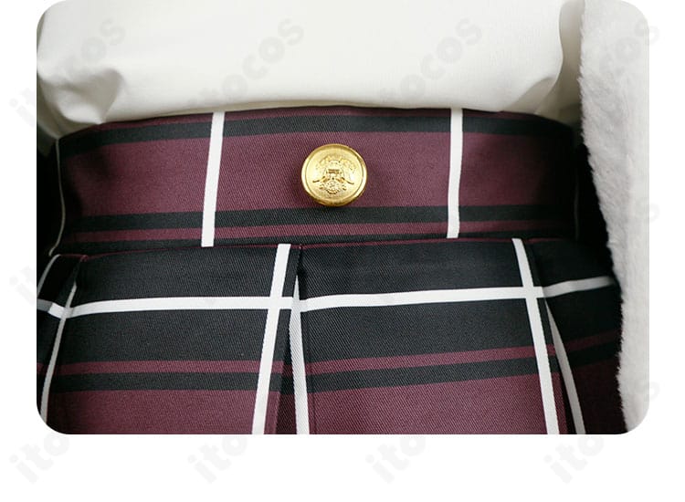 井芹仁菜 コスプレ衣装のスカート上部とボタン装飾の接写。フロントの意匠と仕上がりが分かる画像。