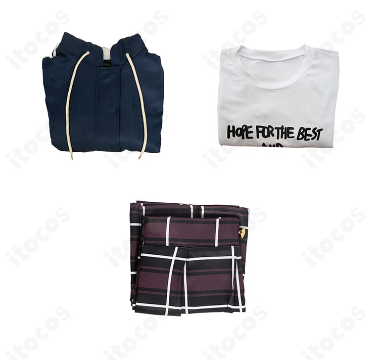 井芹仁菜 コスプレ衣装のセット内容一覧。コート・Tシャツ・スカートの3点が並んだ構成確認用画像。