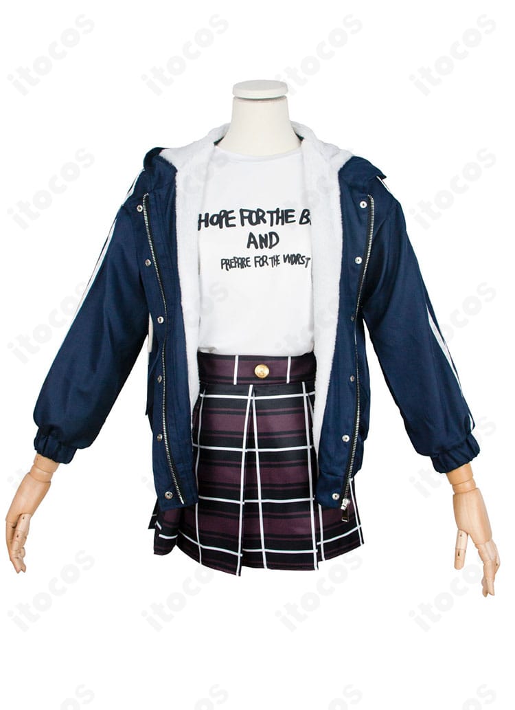 井芹仁菜 コスプレ衣装の正面全身。コート・Tシャツ・スカートの3点セット構成とシルエットが分かる画像。