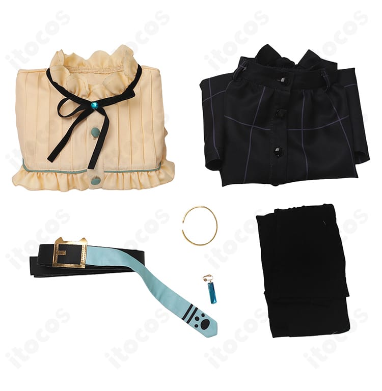 マンハッタンカフェ私服コスプレ衣装のセット内容一式。シャツ、スカート、ベルト、髪飾り、手首飾り、タイツが揃う。