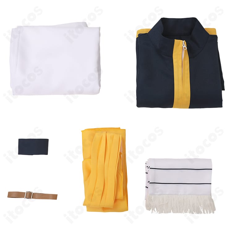 ナツ・ドラグニル衣装 セット内容一覧。コート、ズボン、帯、マフラー、手首飾り、腕飾りが並んだ画像。