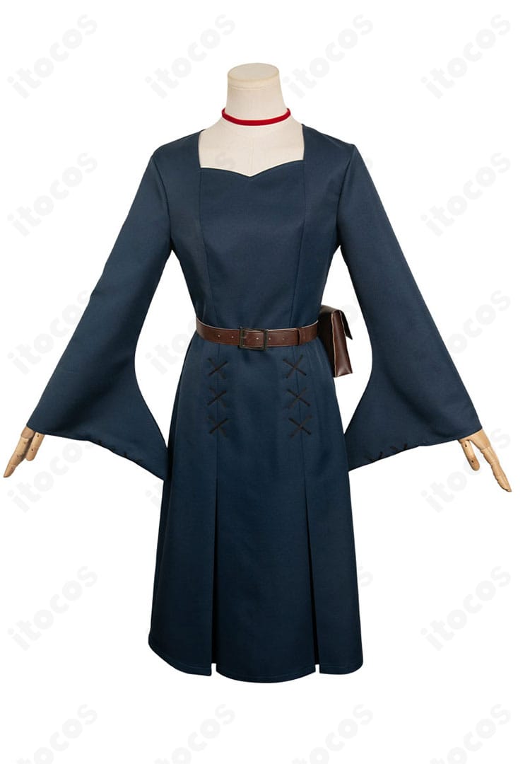 ダンジョン飯 マルシル・ドナトー 魔術学校時代コスプレ衣装 正面。ワンピースとチョーカーの配置や色分けが確認できる画像