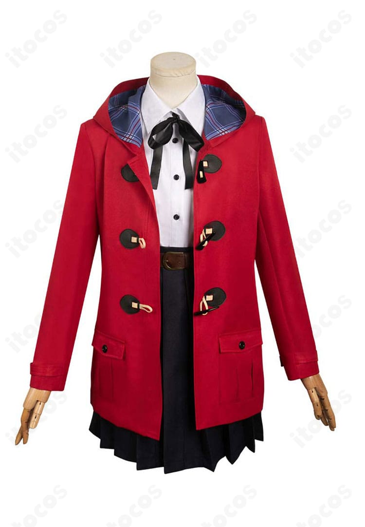 井芹仁菜コスプレ衣装の正面全身。冬制服コートとシャツ・スカートのコーデ