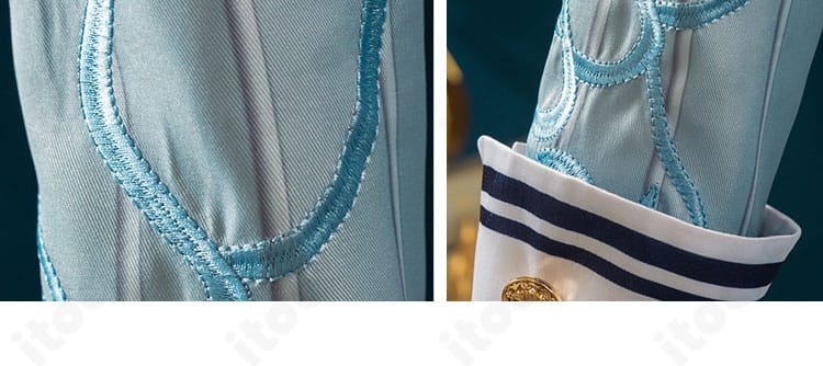 袖パーツの近接。カフスの装飾とステッチワーク、手首のフィット感が見える。