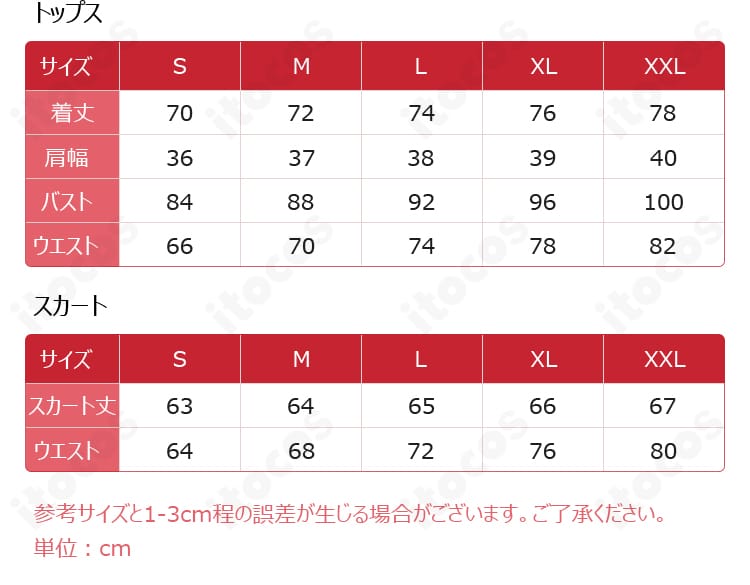 サイズ表画像。S〜XXLの寸法目安を示し、購入前のサイズ確認に役立つ情報。