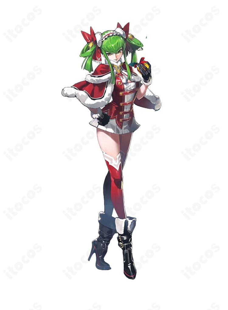 コードギアス C.C. サンタ衣装の全身コーデ例。赤×白の配色とマントで季節感を演出。