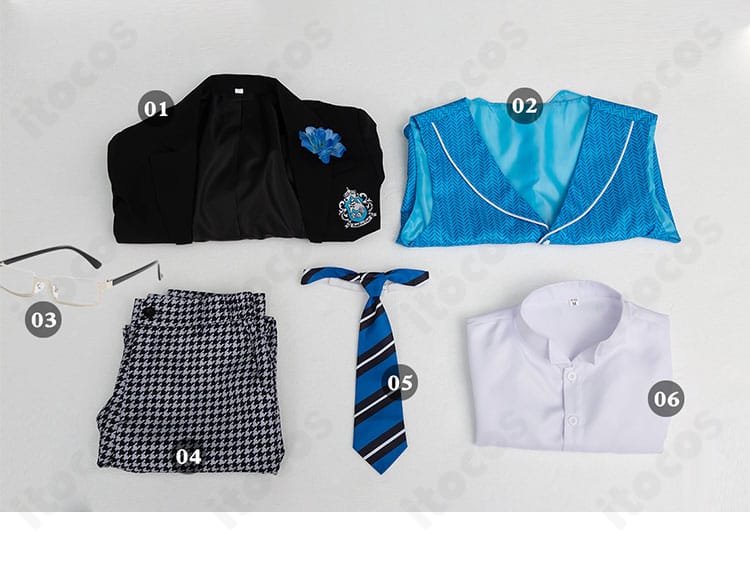 セット内容一式。コート、ベスト、ズボン、シャツ、ネクタイ、メガネの6点が揃うフルセット。