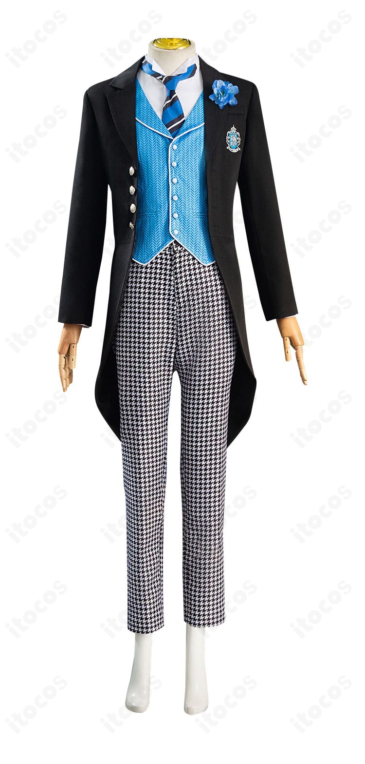 正面から見たロレンス・ブルーアー制服コス。コートとベストのレイヤー、ネクタイの結び映えがわかる仕立て。