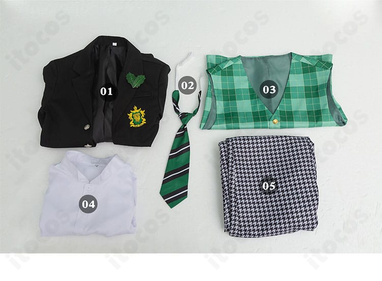 セット内容の確認画像。コート、シャツ、ベスト、ズボン、ネクタイの5点セット。