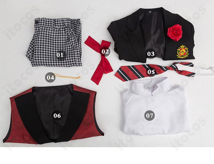 セット内容一式（コート、シャツ、ベスト、ズボン、ネクタイ、飾りチェーン）の展示画像