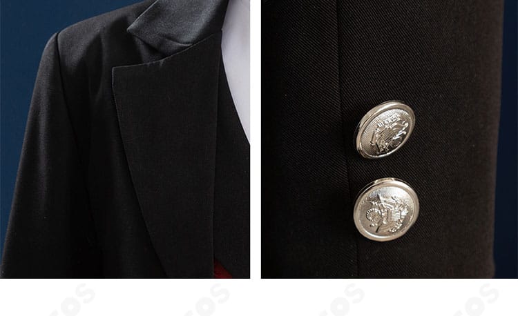 襟元ボタンデザインの詳細。エドガー・レドモンドの端正な印象を表現