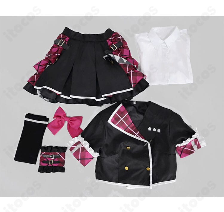 初音ミク Leo/needアイドル衣装のセット内容一式。トップス、シャツ、スカート、靴下、手首飾り、スカーフの同梱品確認画像。