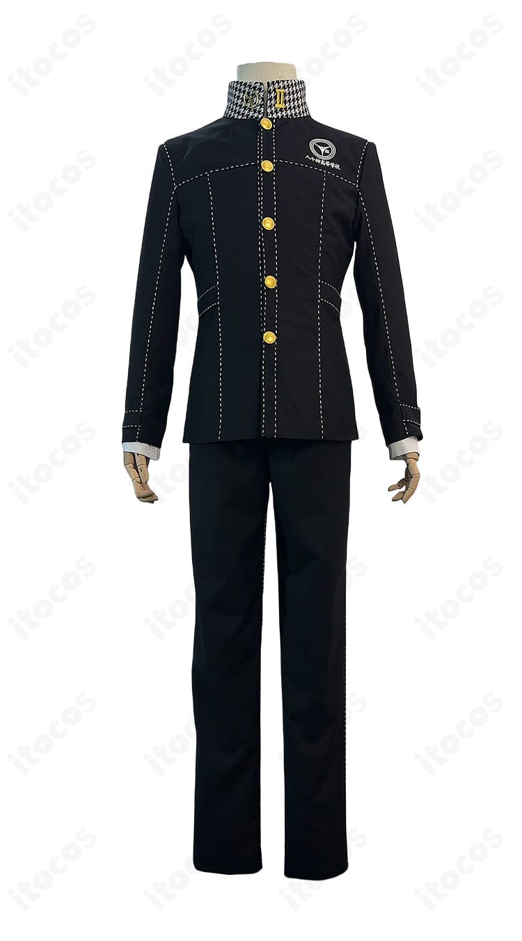 鳴上悠 コスプレ衣装の正面全体。黒コートの白ステッチとシャツのバランスが分かるフルショット。