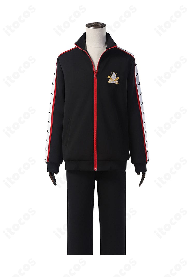 鮫柄学園 水泳部ジャージの正面全体。赤×黒×白の配色とサイドラインを忠実に再現したフロントビュー