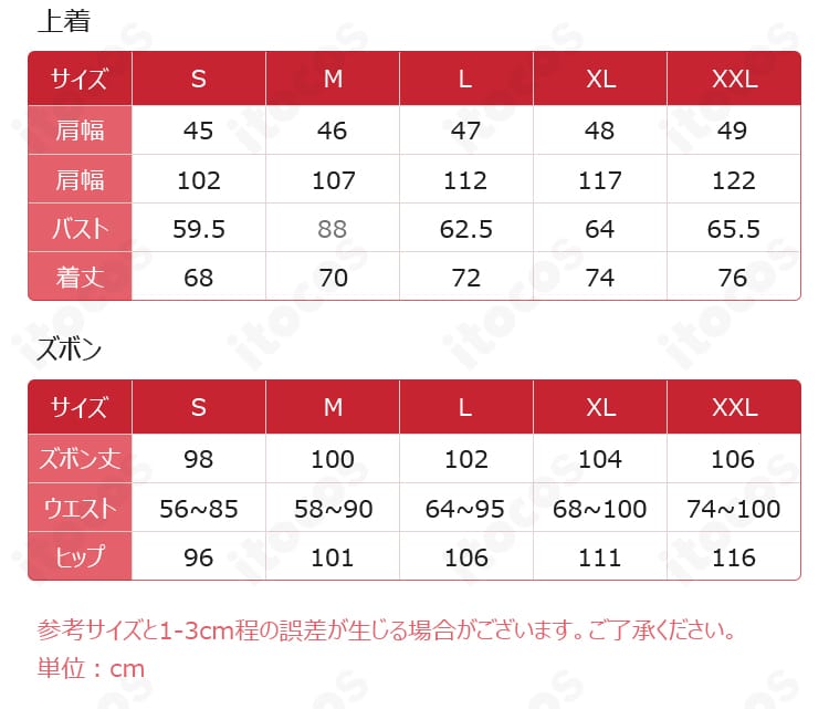 鮫柄学園ジャージのサイズ表。S〜XXLまでの各寸法データが一目で分かるガイド