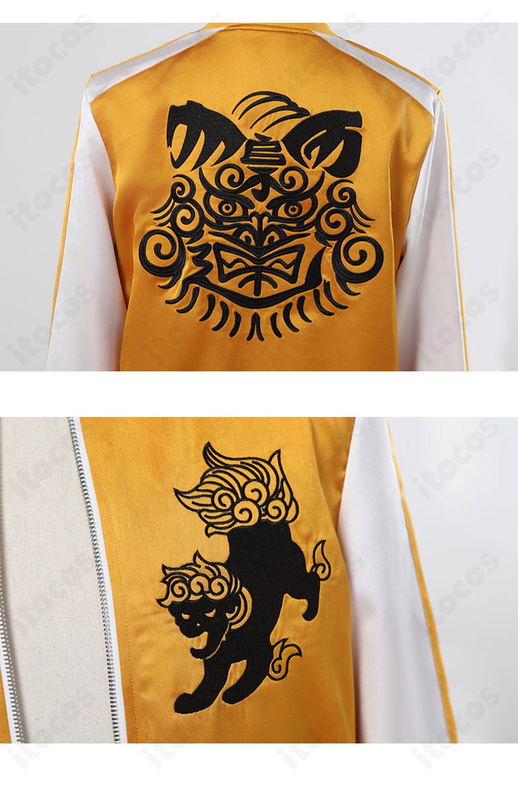 WIND BREAKER スカジャンの装飾クローズアップ。花柄や徽章などの刺繍の縫い密度と色味が見える接写