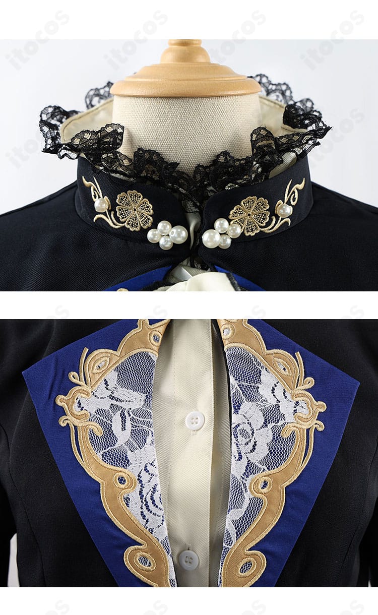 黒執事 シエル コスプレ衣装の襟元ディテール。襟とスカーフ、装飾の質感がわかる精緻な仕上がり。