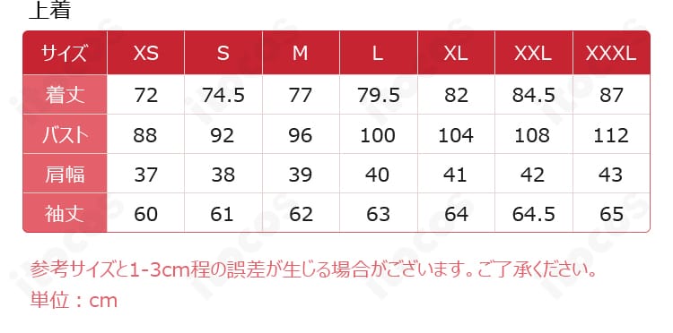 李苺鈴コスプレ衣装のサイズ表記イメージ。XS〜XXXLの寸法情報を案内。