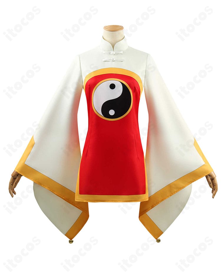 カードキャプターさくら 李苺鈴コスプレ衣装の正面全身。太極模様の刺繍と配色がわかる。