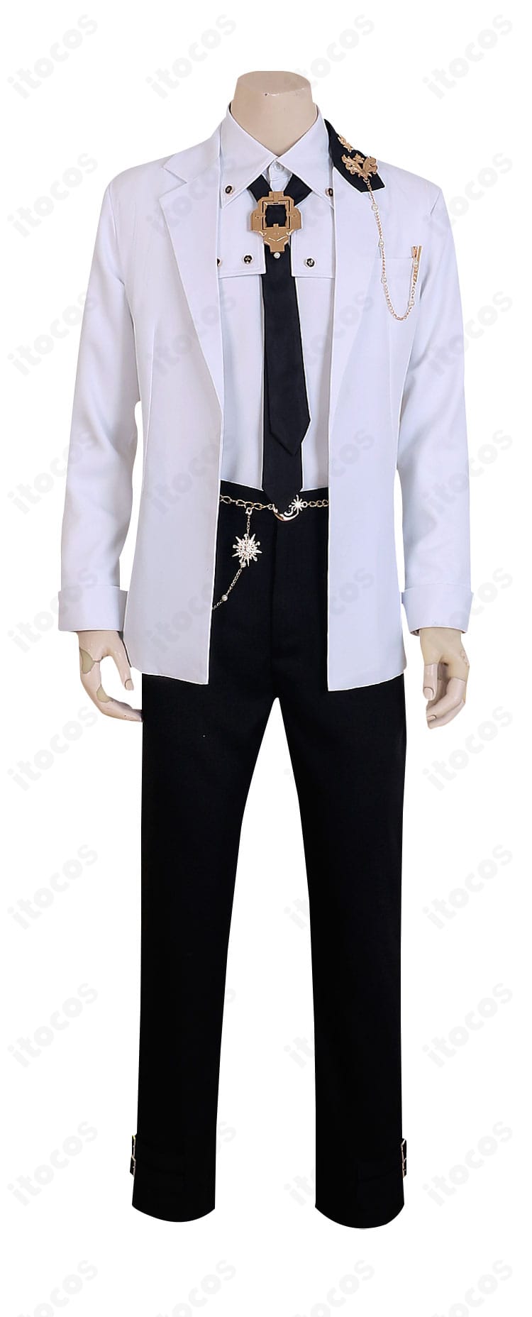 恋と深空 ホムラ 学園制服コスプレ 正面全身。コート・シャツ・ネクタイ・ズボンの4点セットを着用した状態