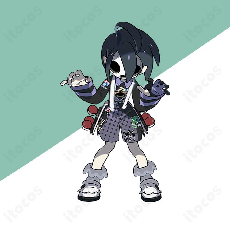 ポケットモンスター ソード・シールドのオニオン衣装セット。ユニフォーム風トップスとショートパンツ、サスペンダー、手袋の全体コーデを再現。