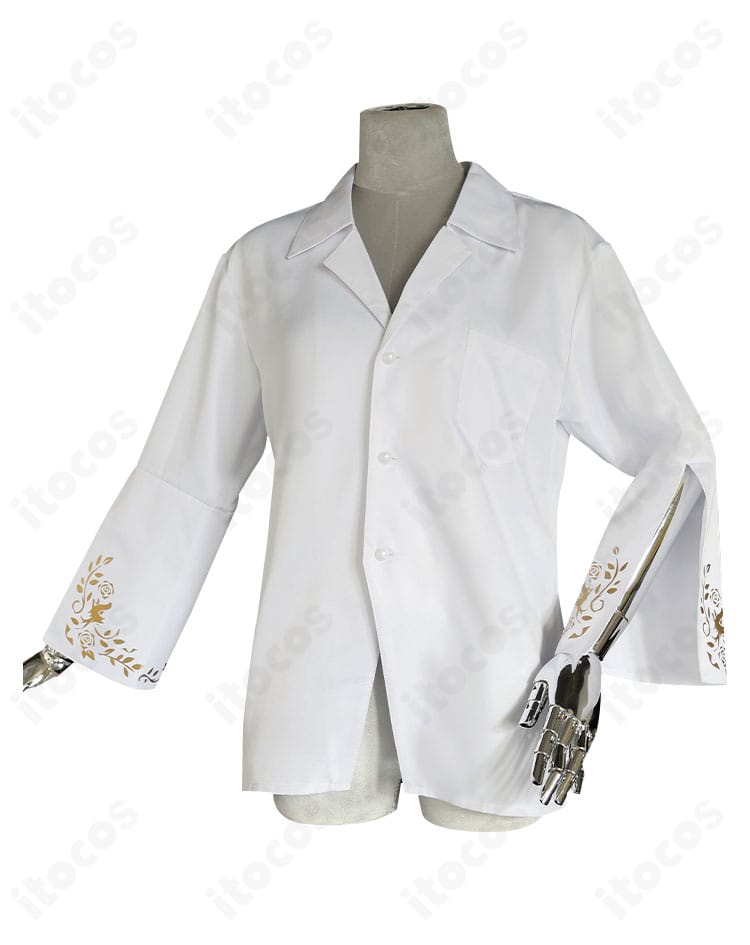 にじさんじ 葛葉 カレスコシャツの正面画像。襟元と前立てのラインがわかる、端正なシルエットのディテール。