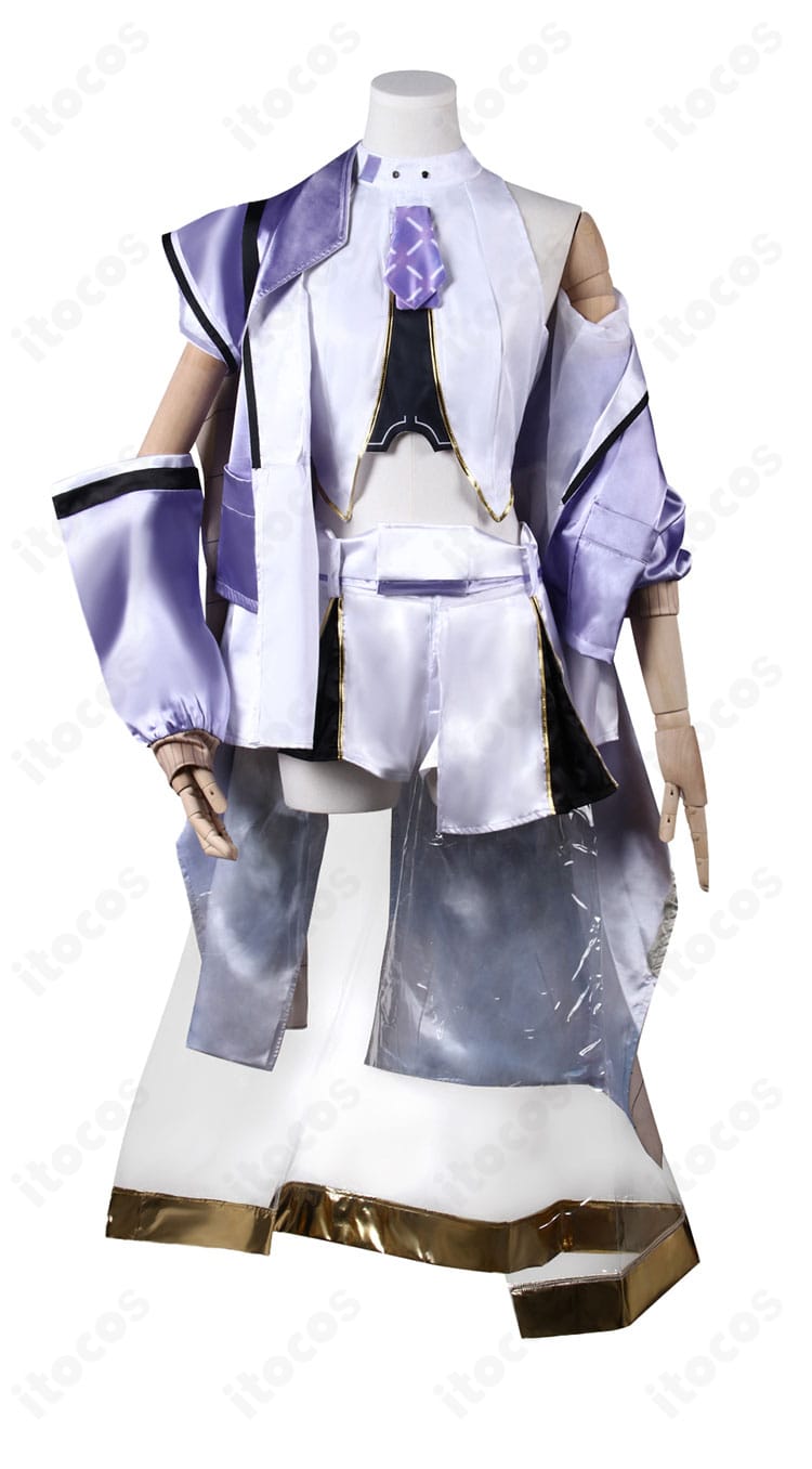 シュエン衣装の正面全体。襟元の装飾、コートとオーバースカートのシルエットが分かる構図。