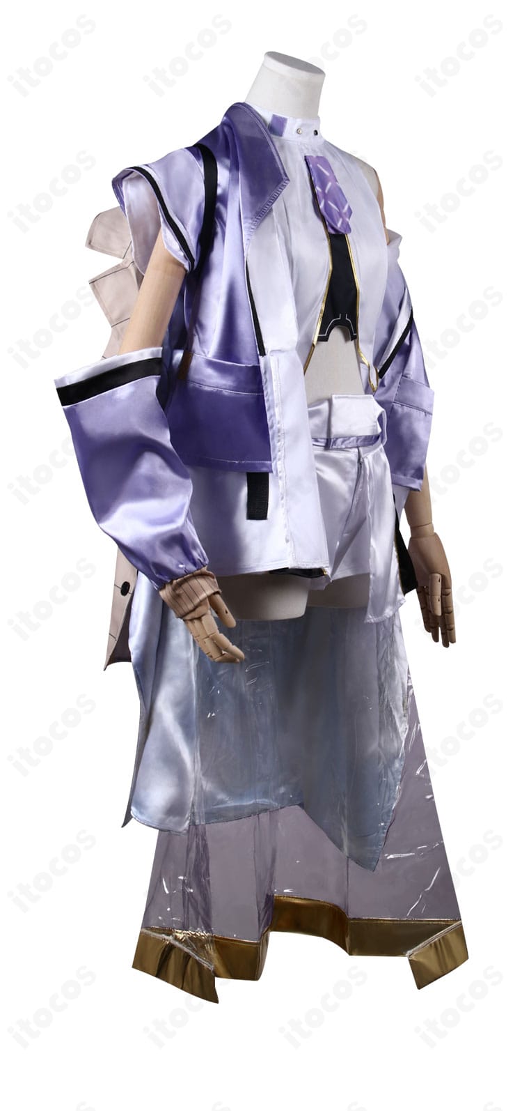 シュエン衣装の側面。コートのラインとオーバースカートの重なりが強調された写真。