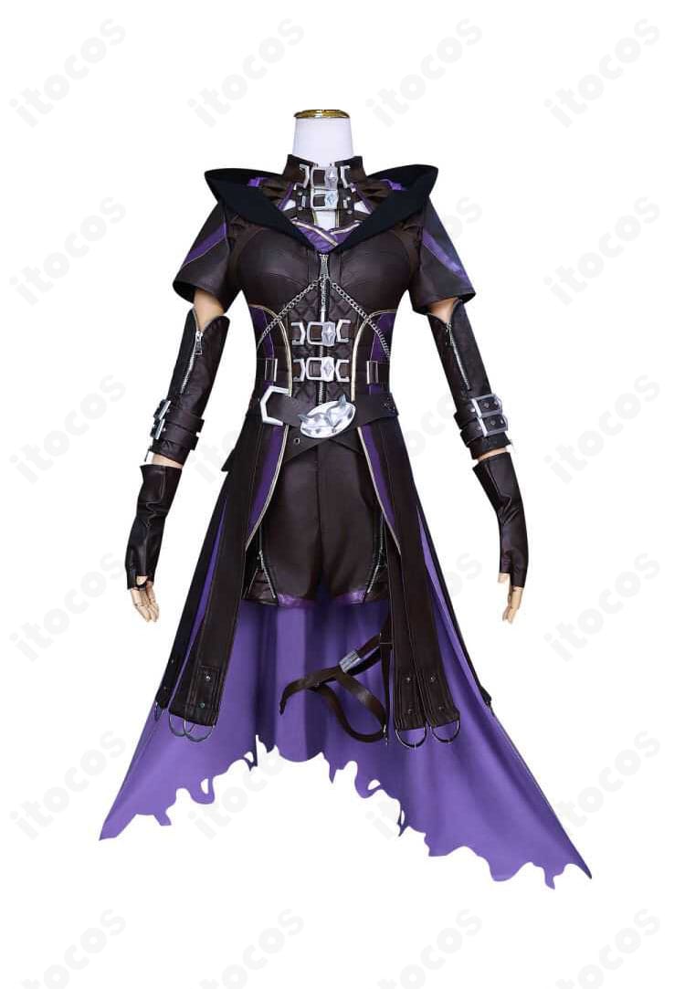 恋と深空『闇夜の潜行』戦闘服コスプレの正面全体。ライン配色と装飾配置、マット質感が分かる画像