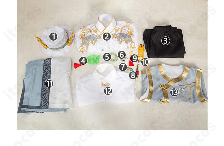 白黒無常コスプレ衣装のセット内容一覧。帽子、コート、ズボン、スカート、インナー、ベスト、各種アクセを並べた画像。