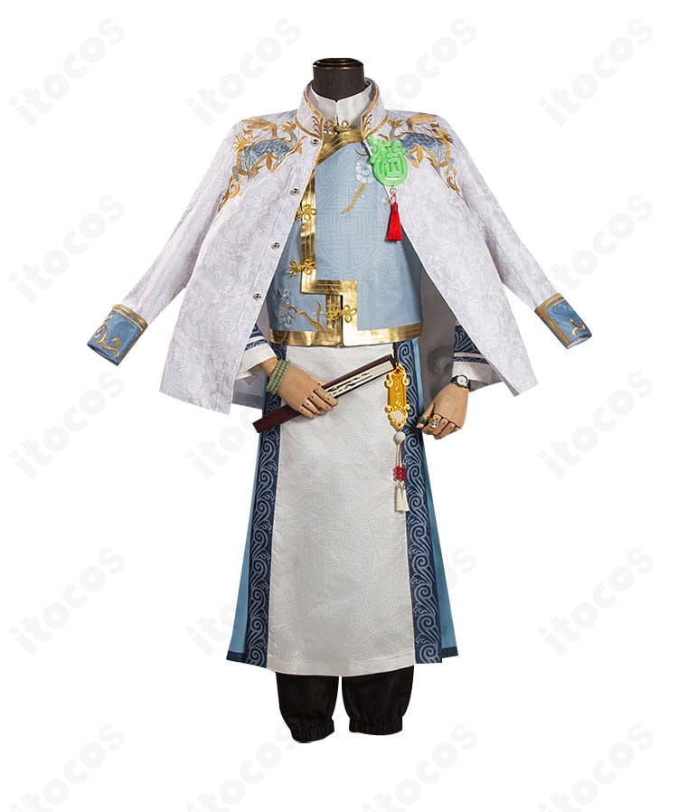 Identity V 第五人格 白黒無常のコスプレ衣装・正面。襟元と前立て、腰飾りの配置が確認できる。