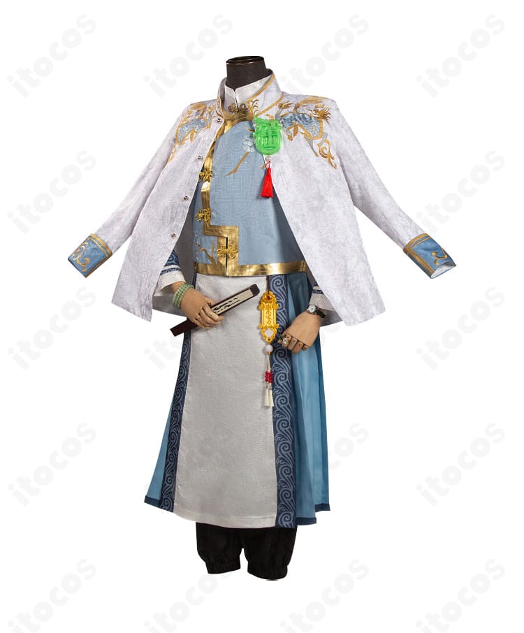 白黒無常コスプレ衣装の側面。ストレートラインのコートとスカートの落ち感、サイドの装飾構成を示す。