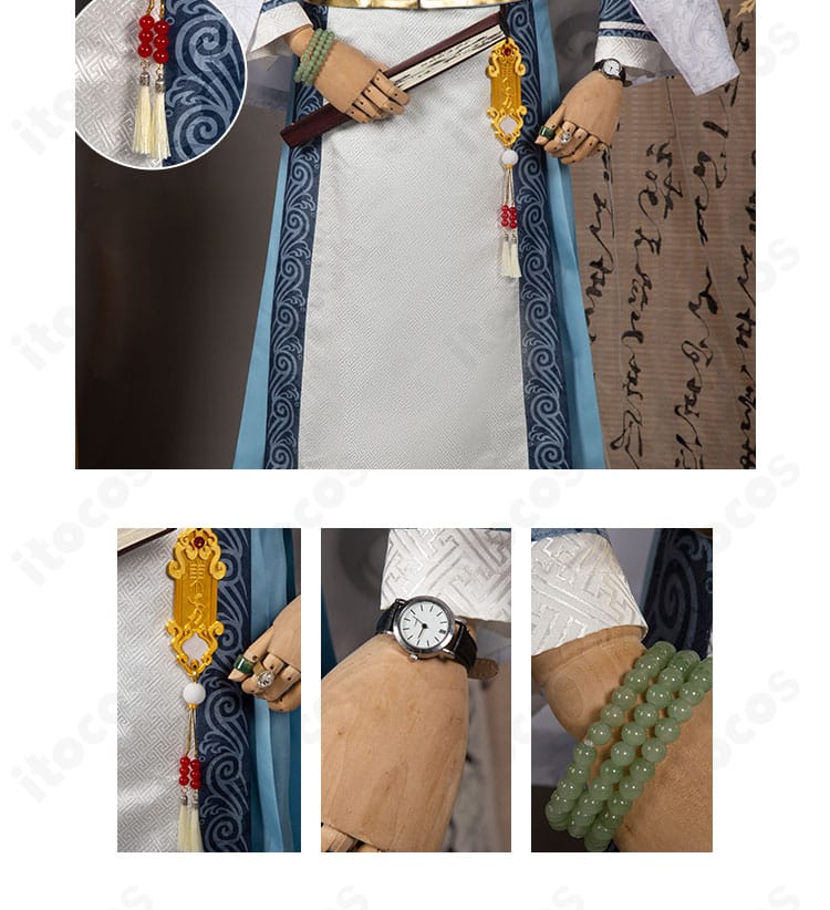 白黒無常に合わせた手首飾りと腕時計、指先アクセのディテール。質感と取り付け位置がわかる。