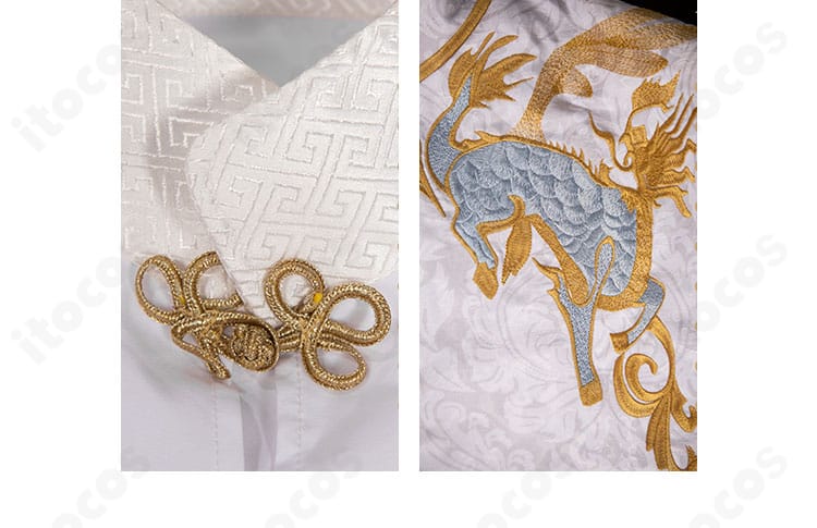 領口と肩の装飾を拡大。肩線のカッティングと装飾の固定方法を確認できる画像。