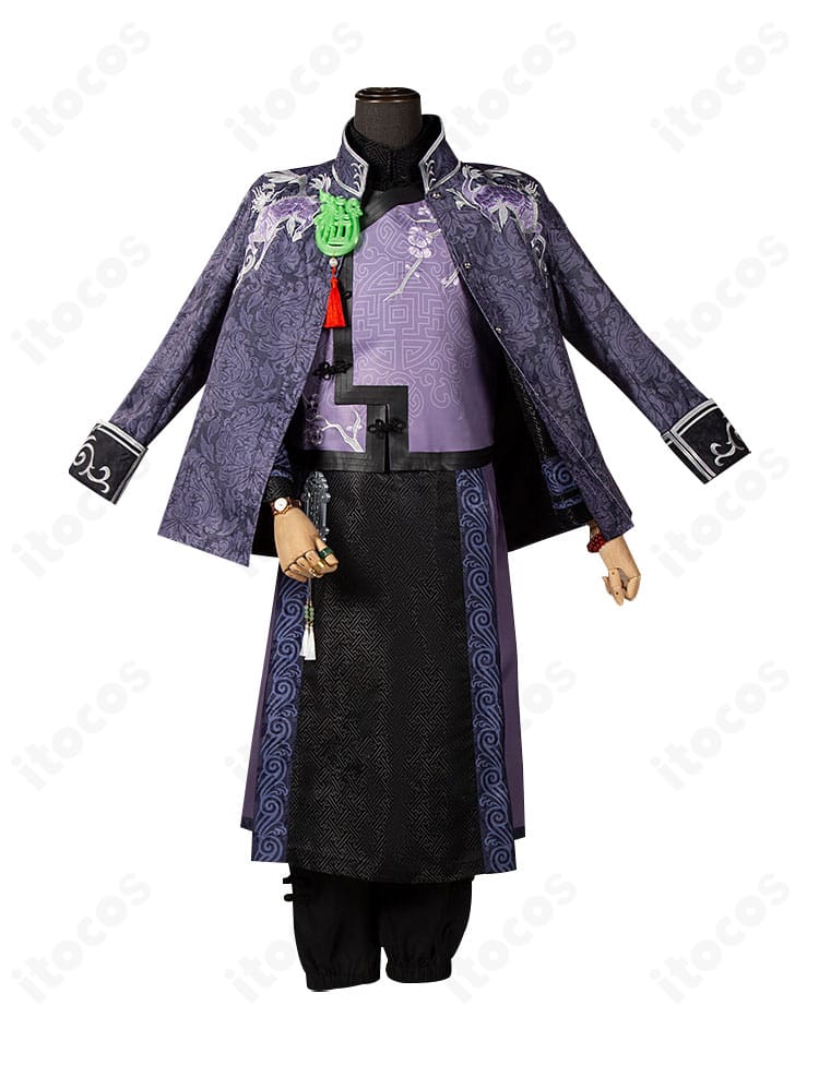 第五人格 范無咎（白黒無常）麒麟商人衣装の正面カット。ロングコートと胸元装飾の再現度が高い。