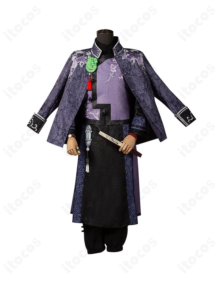 麒麟商人コスプレ衣装の装飾ディテール。刺繍とブローチの意匠が精緻に表現されている。