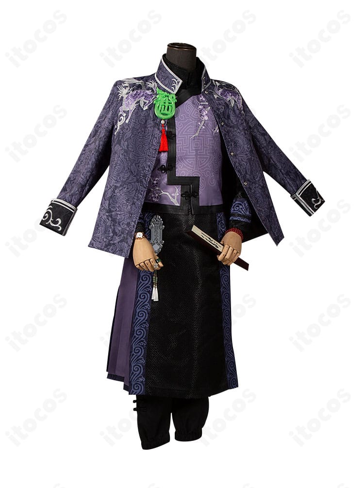 麒麟商人衣装の側面シルエット。コートのラインと腰飾りのバランスが美しい。