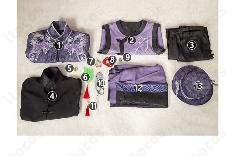 麒麟商人コスプレ衣装のセット内容一式。帽子からアクセまでフルセットで配置。