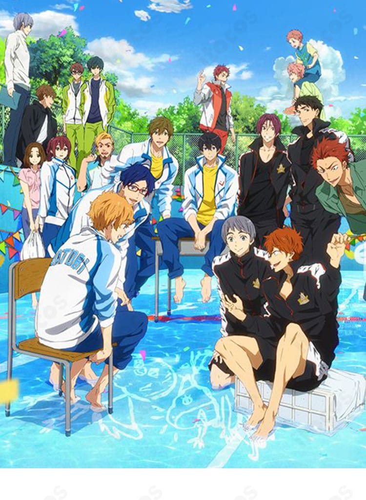 Free! 七瀬遙・橘真琴・葉月渚・竜ヶ崎怜の岩鳶高校水泳部ジャージを着用したイメージ。チーム配色と背面ロゴが分かる集合イラスト風イメージ。