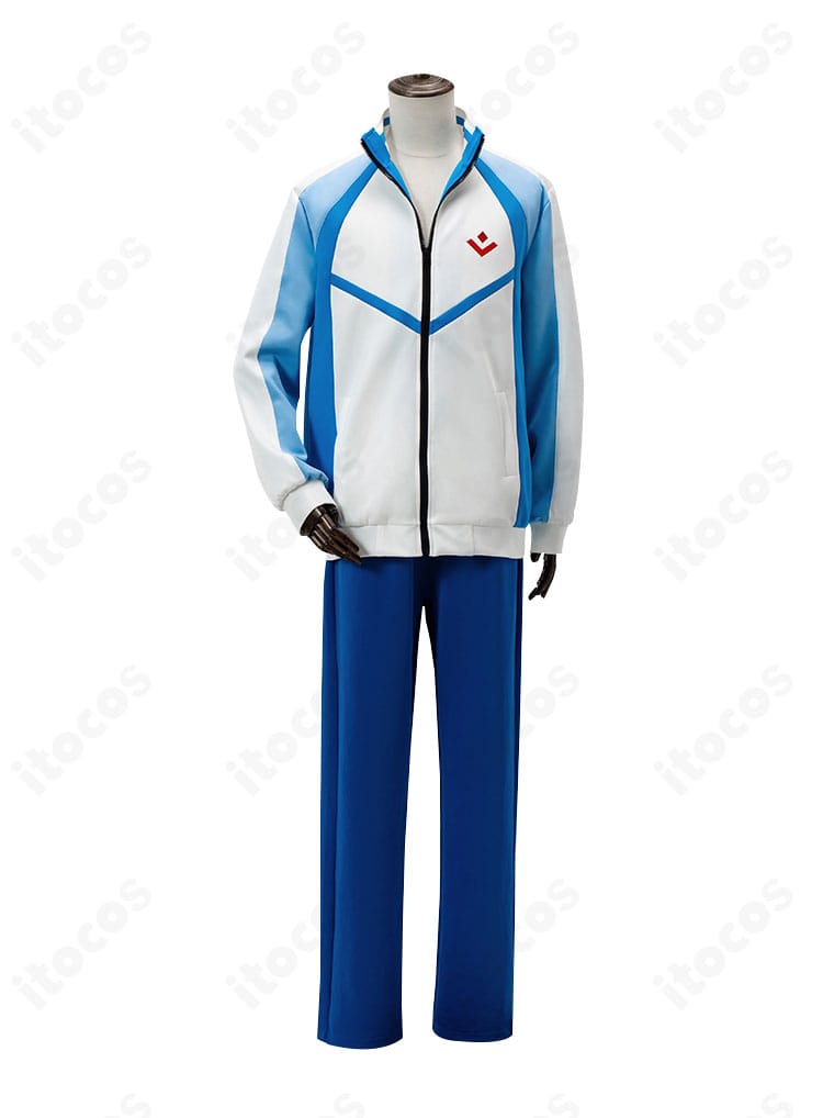 Free! 岩鳶高校水泳部ジャージ コスプレ衣装の正面全体。襟から袖にかけた配色ラインと胸元のディテールを明瞭に撮影。