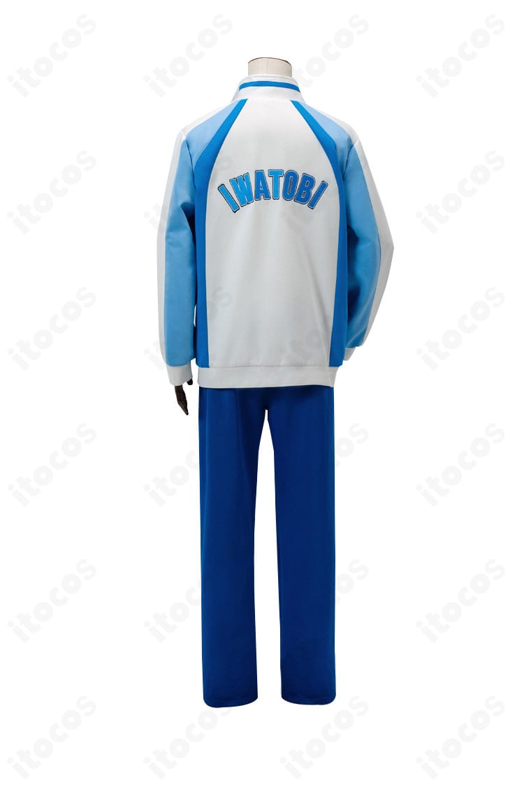 Free! 岩鳶高校水泳部ジャージ コスプレ衣装の背面全体。背面ロゴと配色の配置バランスを確認できるカット。